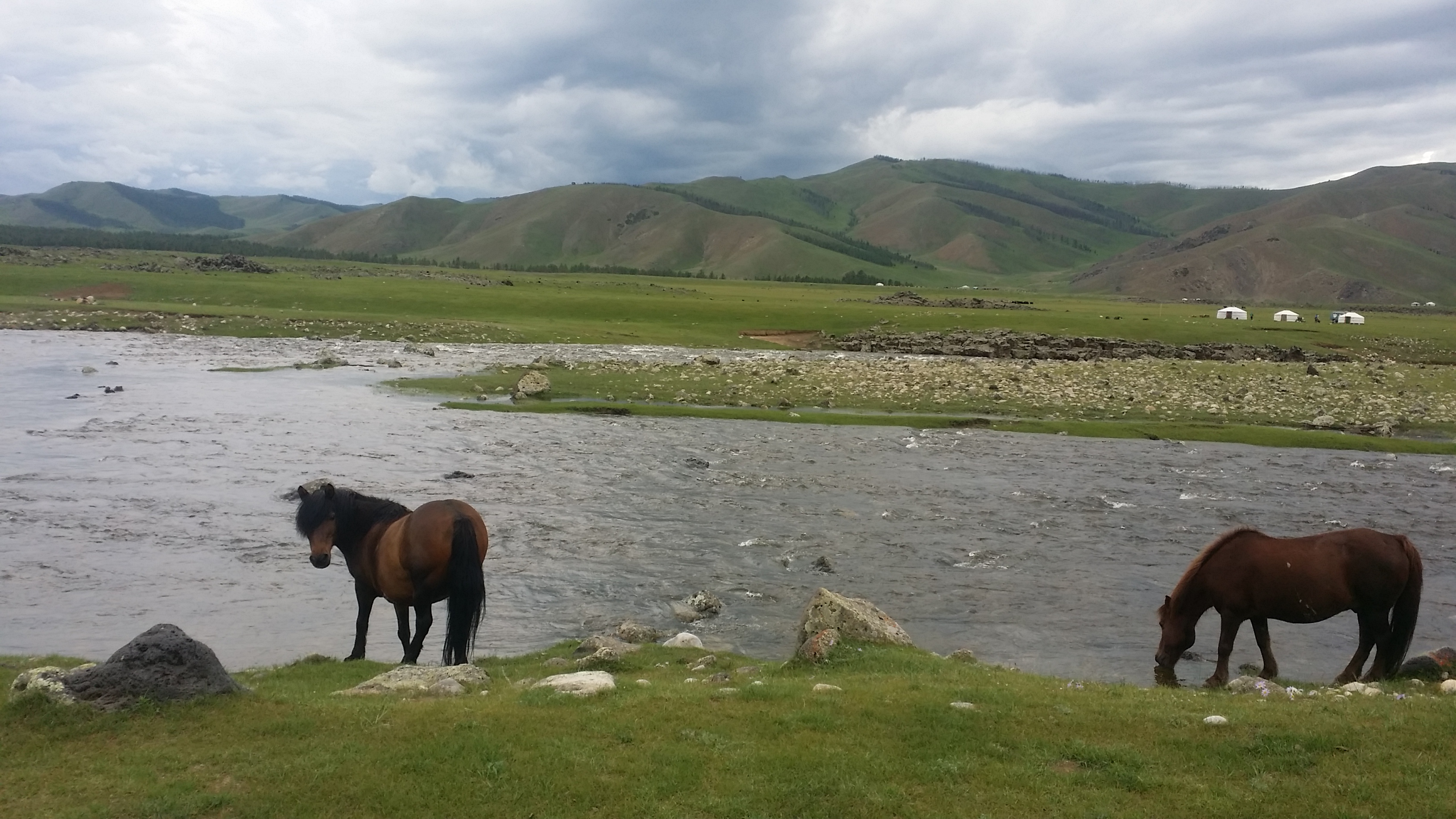Horse riders fording a glacial river in Mongolia